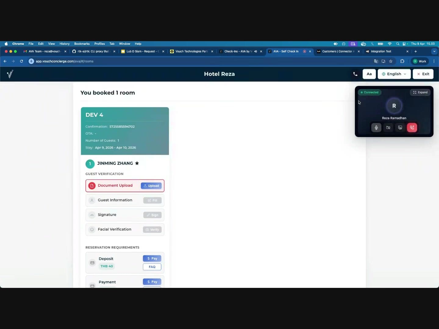 Guest's check-in page with the video call connected widget in the top-right