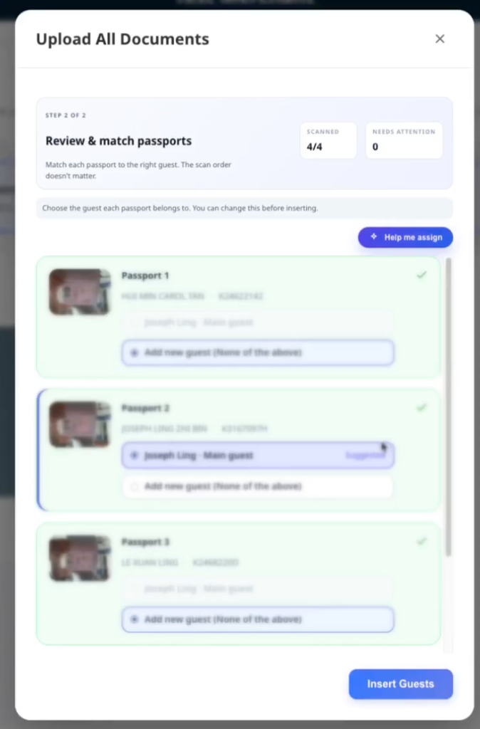Review and match passports screen with guest assignment options