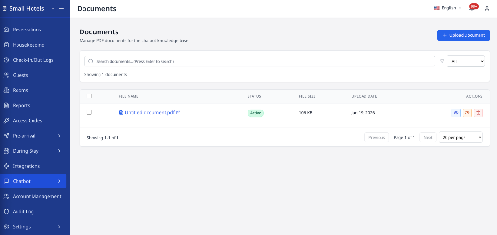 Documents management page showing the document library with search, filters, and action buttons