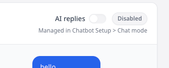 AI replies toggle showing disabled state with helper text