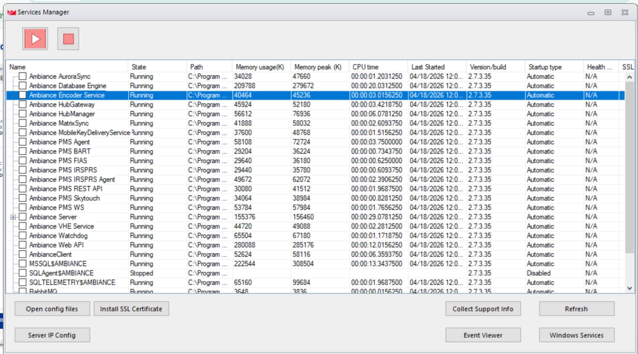 Ambiance Services Manager with Ambiance Encoder Service selected