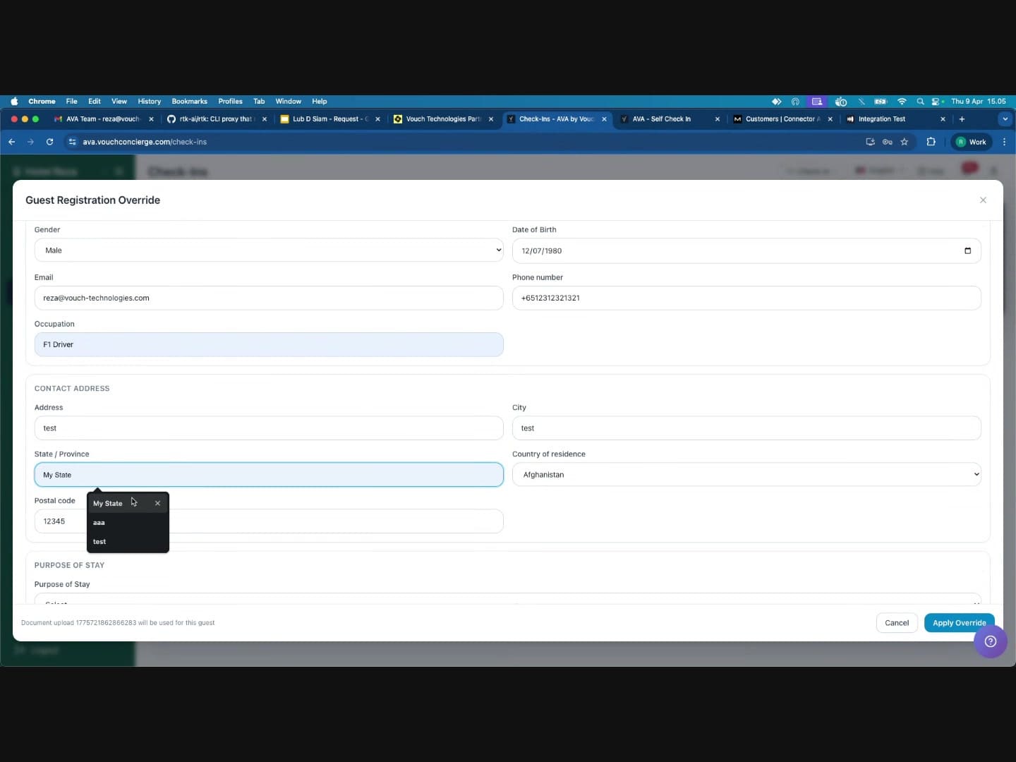 Guest Registration Override modal with guest details and address fields