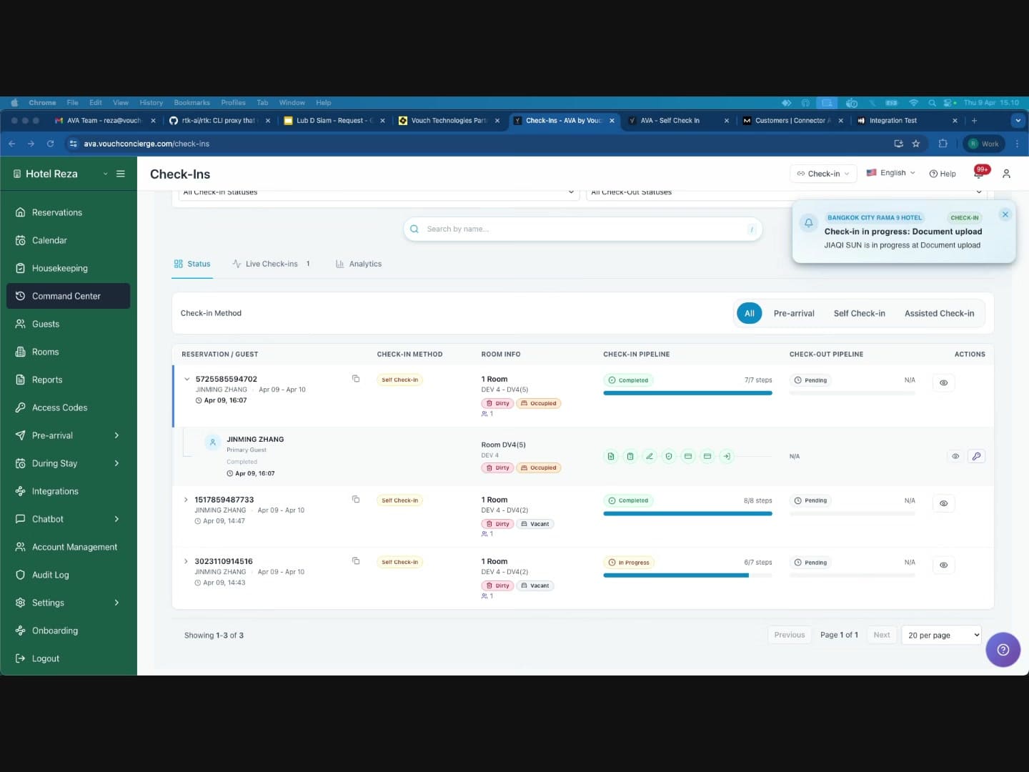 Command Center showing the reservation with Completed status