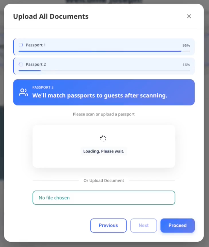 Scanning progress tracker showing upload status for each passport
