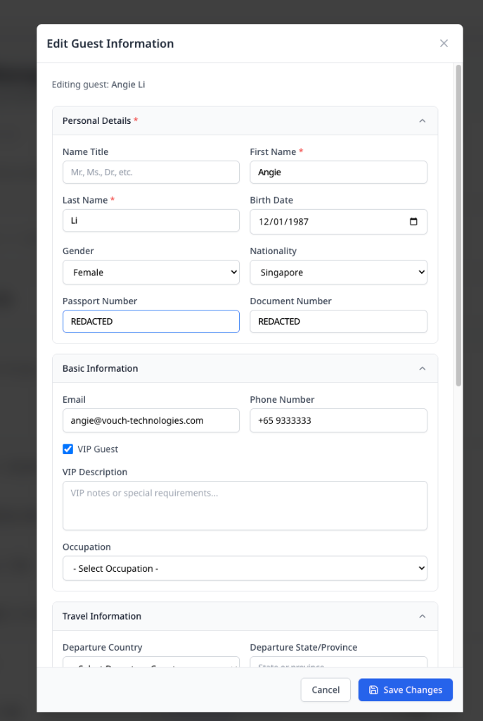 Edit Guest Information panel showing personal details, basic information, and travel information sections