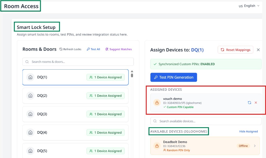 Smart Lock Setup showing rooms, assignment panel, and available devices