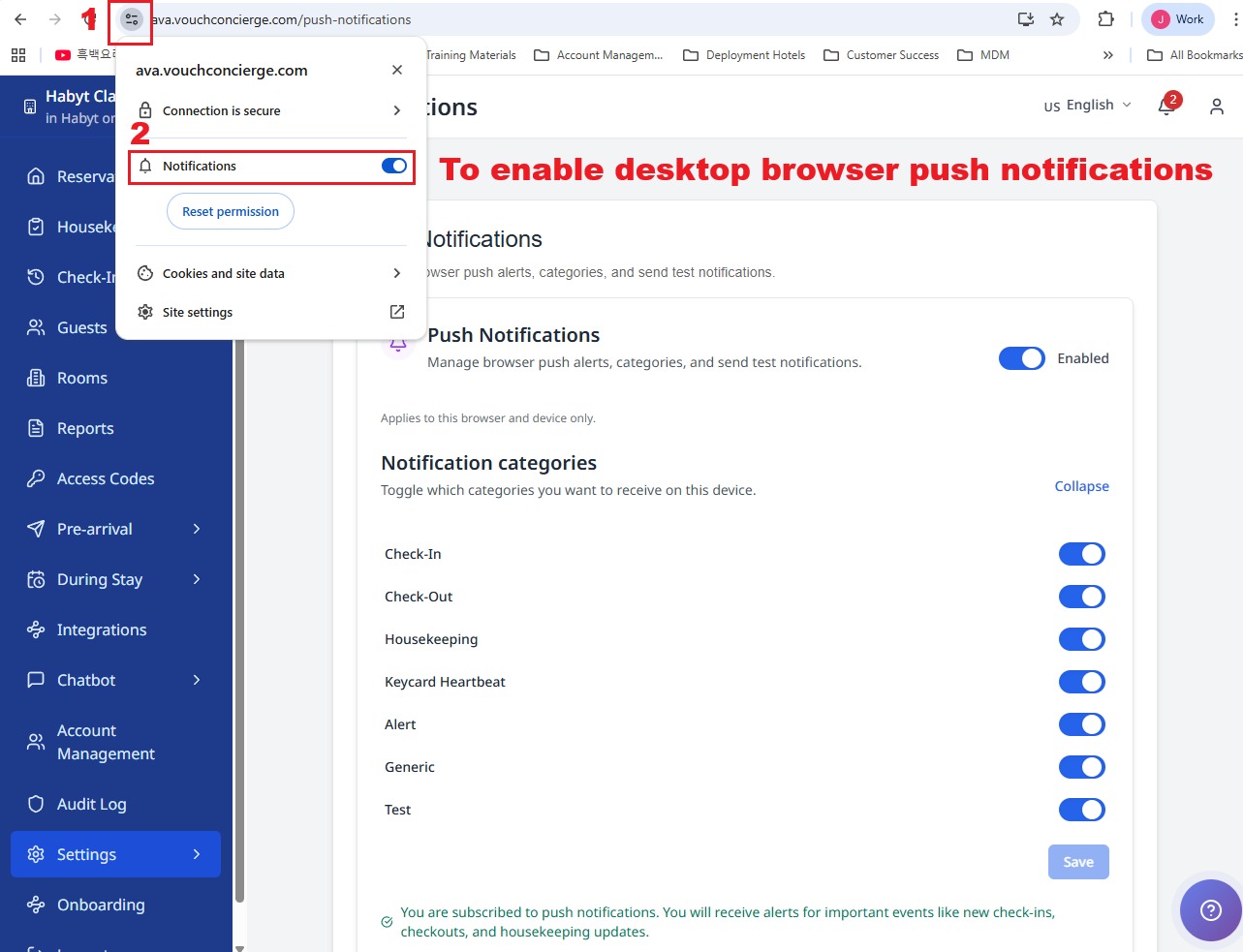 Browser notification settings