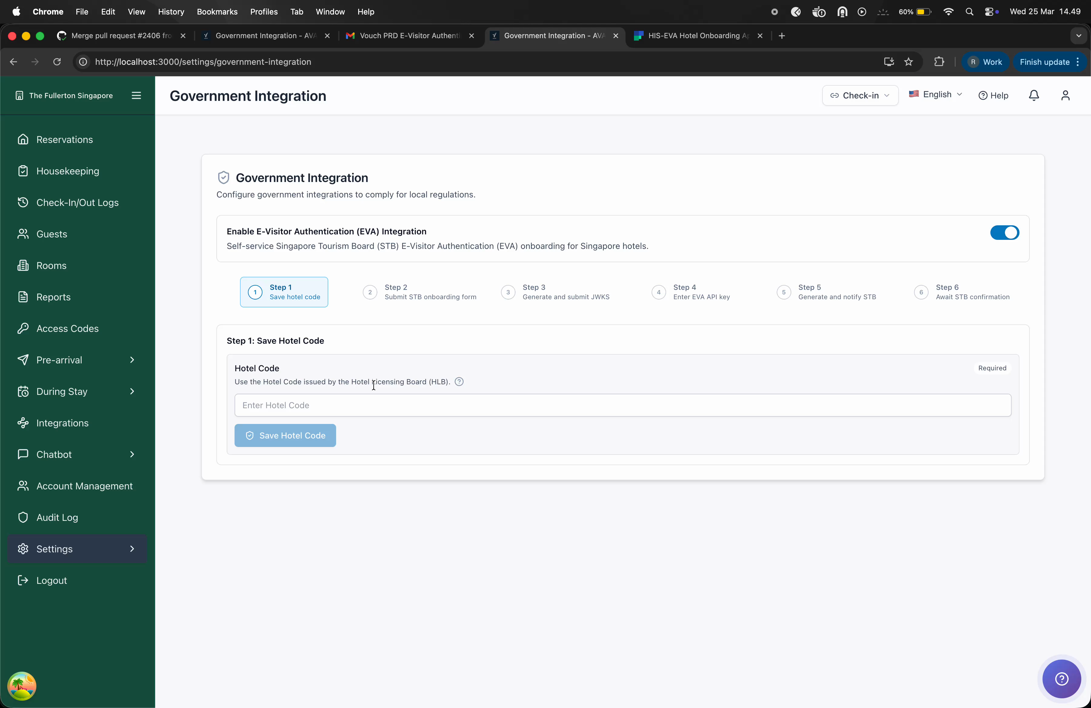 Government Integration page showing Step 1 with Hotel Code field