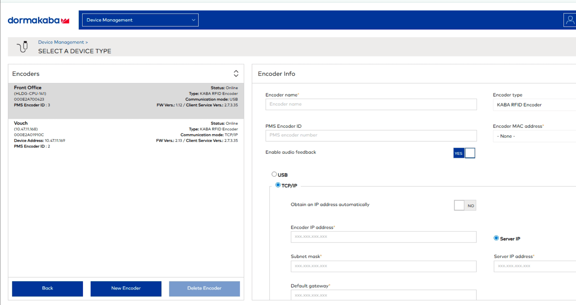인코더 상태가 Online으로 표시된 Ambiance Device Management