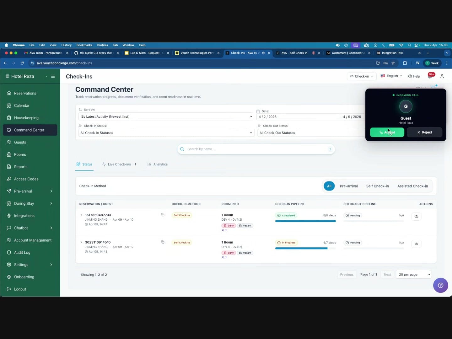 Command Center ของพนักงานที่แสดงตาราง Check-Ins พร้อมการจองที่กำลังใช้งาน