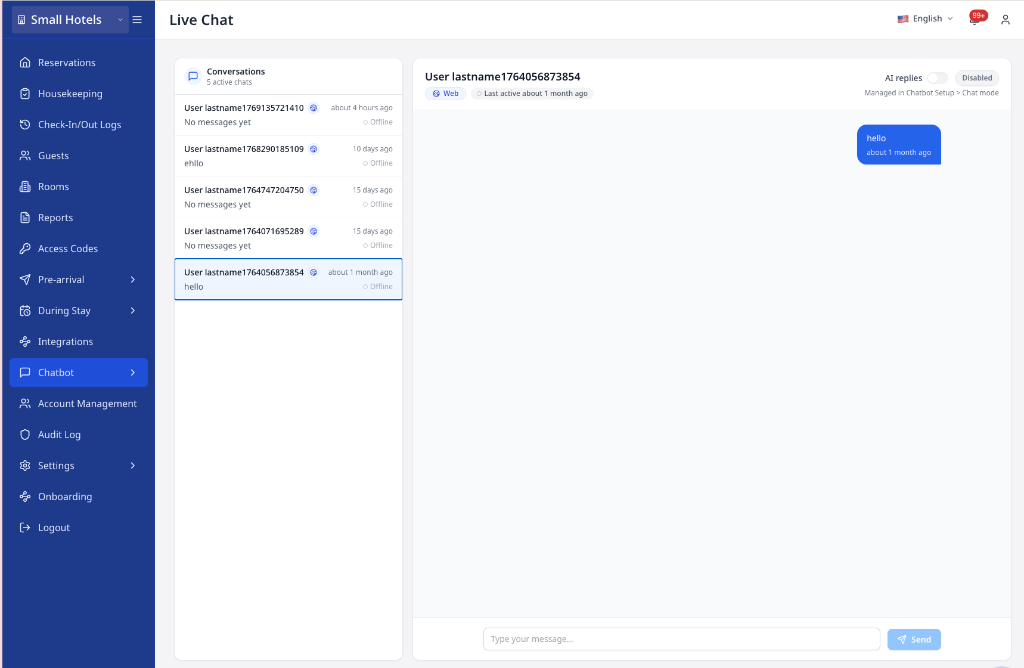 Live Chat conversation list showing guest conversations and message area