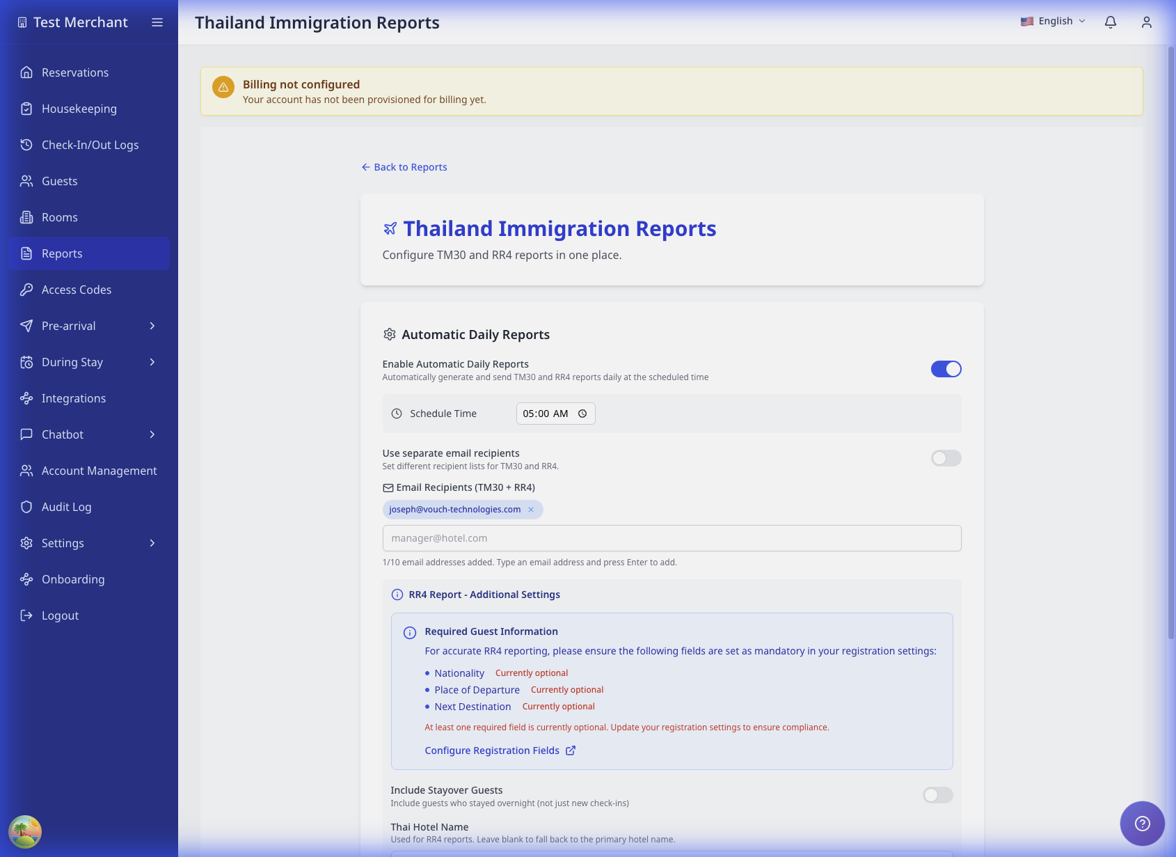 Thailand Immigration Reports configuration showing schedule time and email recipients