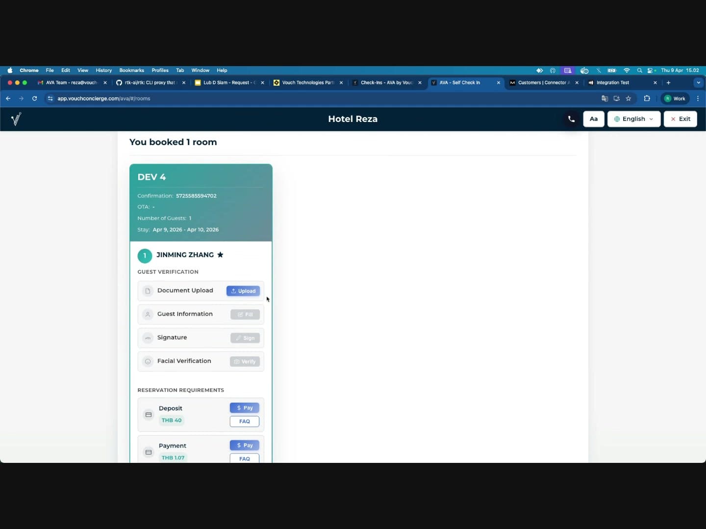 Reservation overview showing all check-in steps and payment requirements