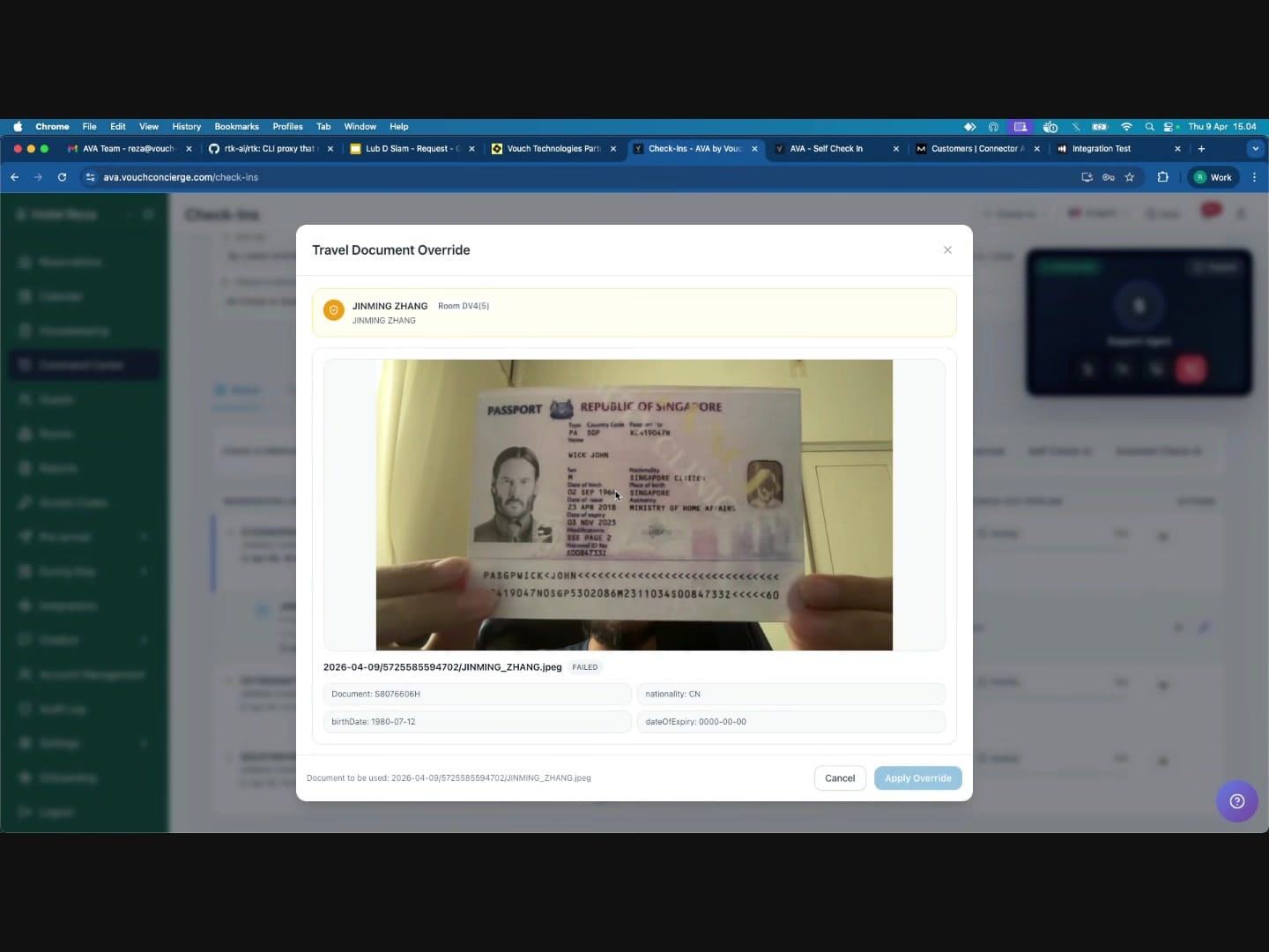 Travel Document Override modal showing the uploaded passport image and extracted fields