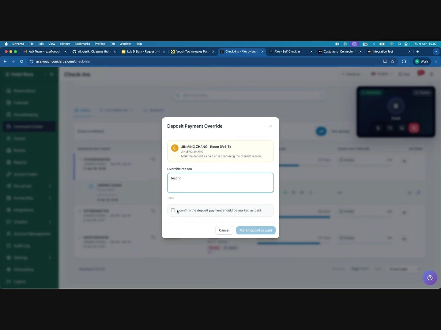 Deposit Payment Override modal with override reason and confirmation checkbox