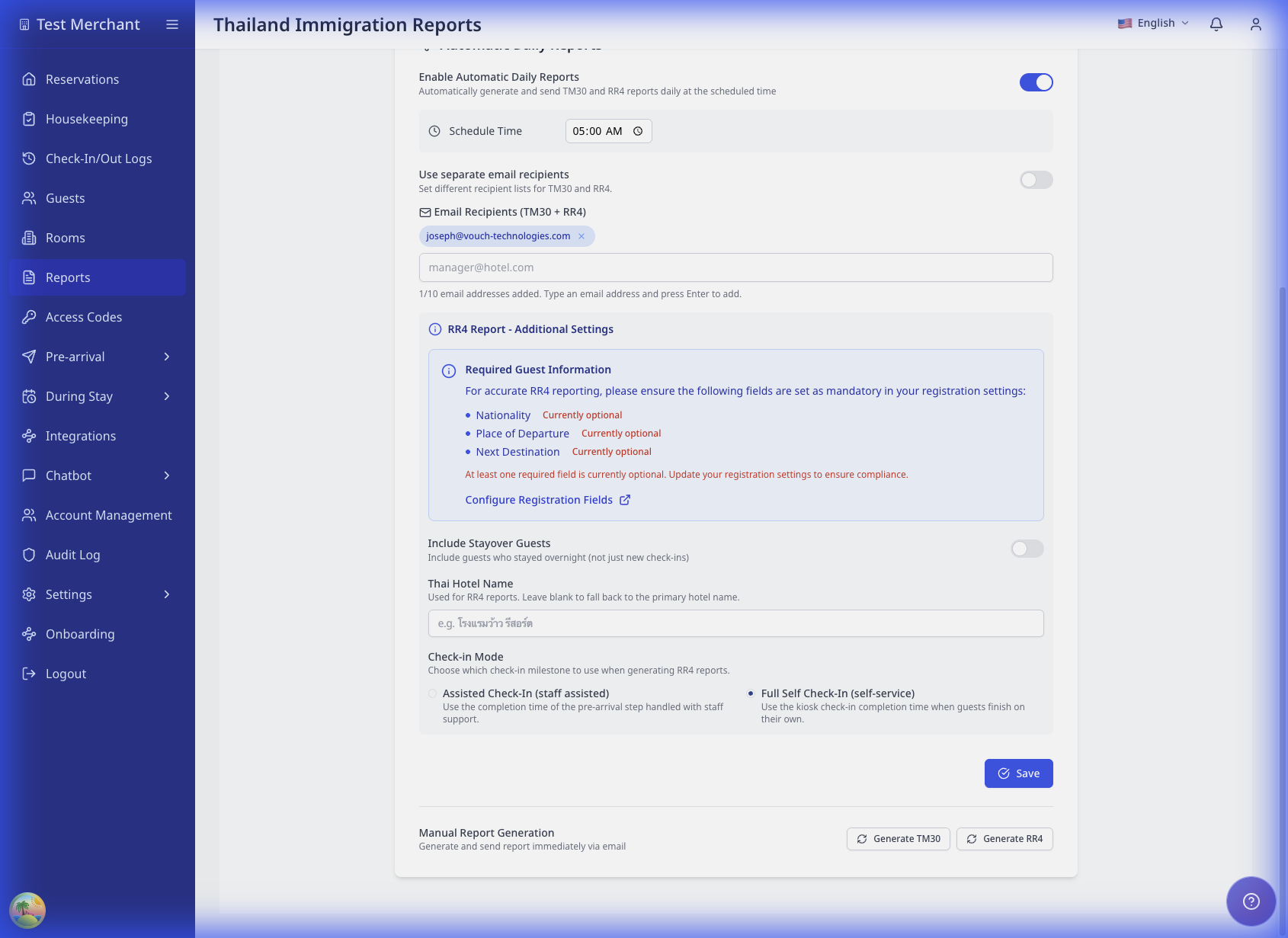 RR4 settings showing Thai hotel name, stayover guests, and check-in mode options